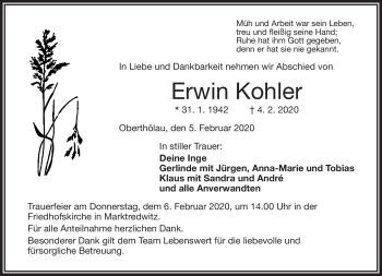 Traueranzeige von Erwin Kohler von Frankenpost
