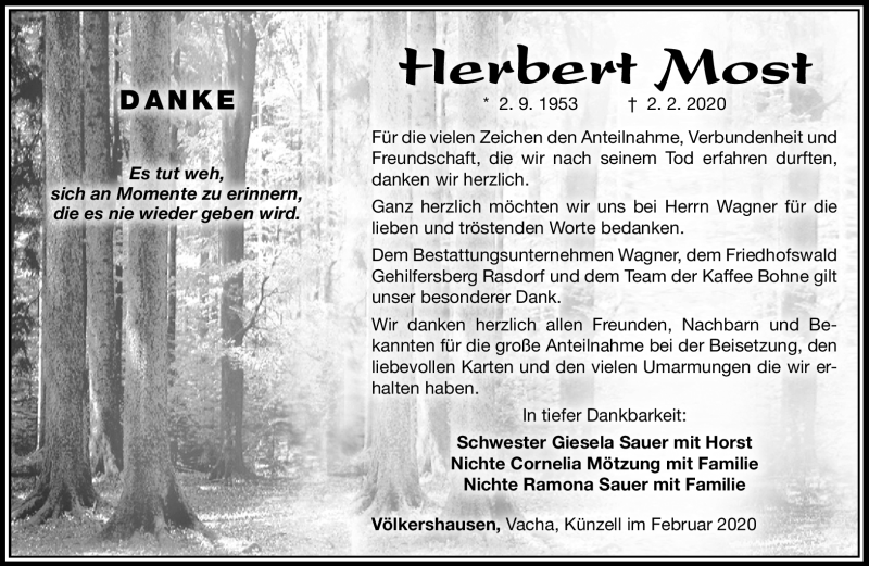  Traueranzeige für Herbert Most vom 29.02.2020 aus Südthüringer Presse