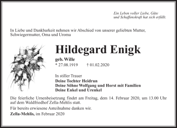 Traueranzeige von Hildegard Enigk von Südthüringer Presse