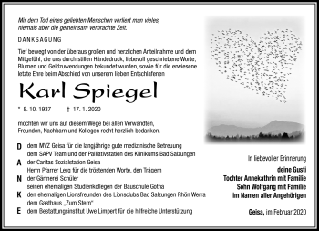 Traueranzeige von Karl Spiegel von Südthüringer Presse