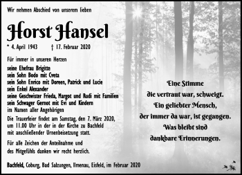 Traueranzeige von Horst Hansel von Südthüringer Presse