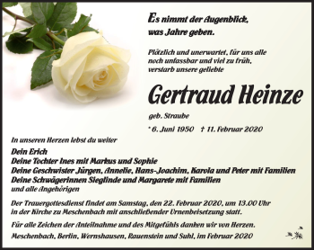 Traueranzeige von Gertraud Heinze von Südthüringer Presse