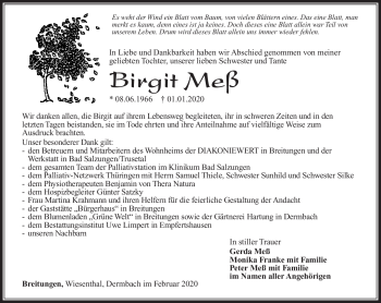 Traueranzeige von Birgit Meß von Südthüringer Presse