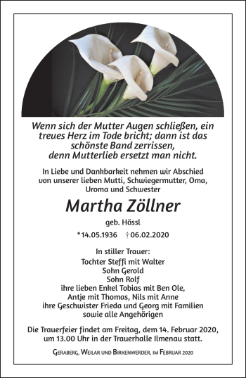 Traueranzeige von Martha Zöllner von Südthüringer Presse