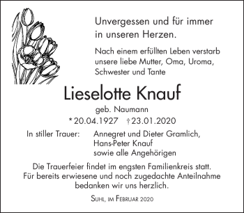 Traueranzeige von Lieselotte Knauf von Südthüringer Presse