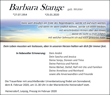 Traueranzeige von Barbara Stange von Südthüringer Presse