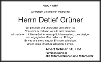 Traueranzeige von Detlef Grüner von Frankenpost