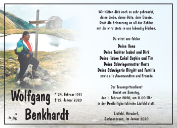 Traueranzeige von Wolfgang Benkhardt von Südthüringer Presse