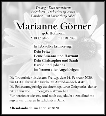 Traueranzeige von Marianne Görner von Südthüringer Presse