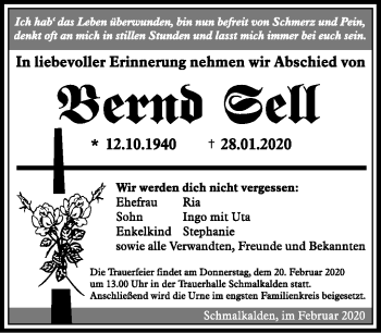 Traueranzeige von Bernd Sell von Südthüringer Presse