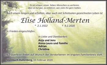 Traueranzeige von Elise Holland-Merten von Südthüringer Presse