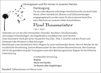 Traueranzeige von Paul Baumeister von Südthüringer Presse