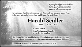 Traueranzeige von Harald Seidler von Südthüringer Presse