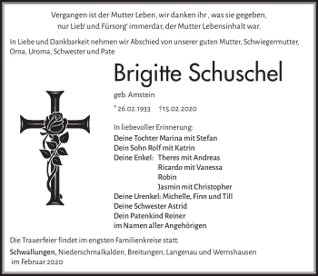 Traueranzeige von Brigitte Schuschel von Südthüringer Presse