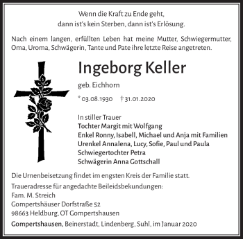 Traueranzeige von Ingeborg Keller von Südthüringer Presse