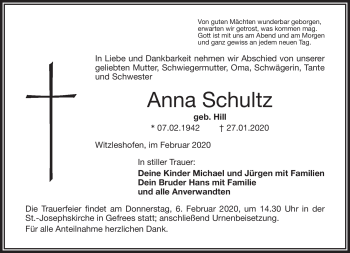 Traueranzeige von Anna Schultz von Frankenpost