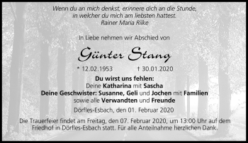 Traueranzeige von Günter Stang von Neue Presse Coburg