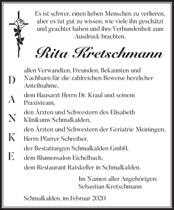 Traueranzeige von Rita Kretschmann von Südthüringer Presse