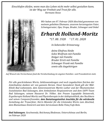 Traueranzeige von Ehrhardt Holland-Moritz von Südthüringer Presse