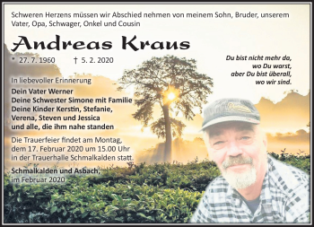 Traueranzeige von Andreas Kraus von Südthüringer Presse