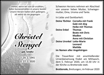 Traueranzeige von Christel Stengel von Südthüringer Presse