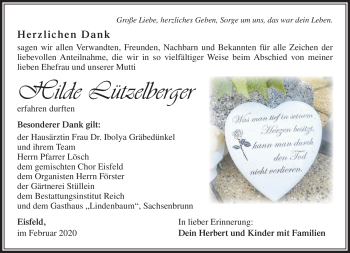 Traueranzeige von Hilde Lützelberger von Südthüringer Presse