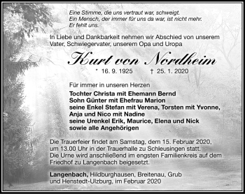 Traueranzeige von Kurt von Nordheim von Südthüringer Presse