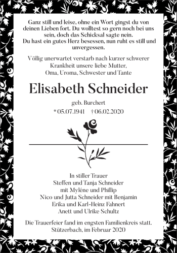 Traueranzeige von Elisabeth Schneider von Südthüringer Presse