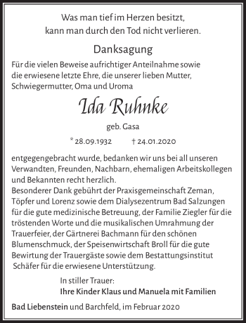 Traueranzeige von Ida Ruhnke von Südthüringer Presse