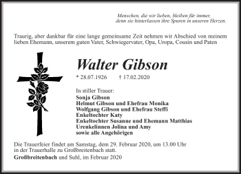 Traueranzeige von Walter Gibson von Südthüringer Presse