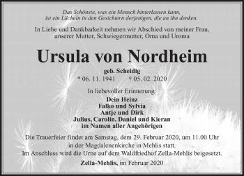 Traueranzeige von Ursula von Nordheim von Südthüringer Presse