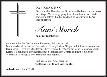 Traueranzeige von Anni Storch von Südthüringer Presse
