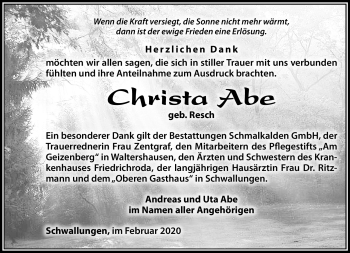 Traueranzeige von Christa Abe von Südthüringer Presse