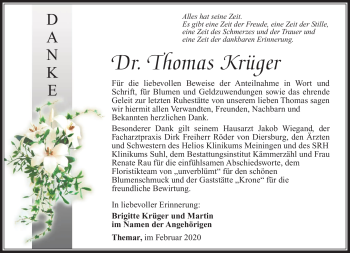 Traueranzeige von Dr. Thomas Krüger von Südthüringer Presse