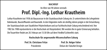 Traueranzeige von Lothar Krautheim von Neue Presse Coburg