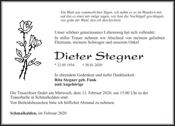 Traueranzeige von Dieter Stegner von Südthüringer Presse