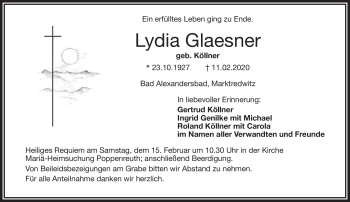 Traueranzeige von Lydia Glaesner von Frankenpost