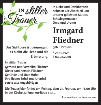 Traueranzeige von Irmgard Fliedner von Südthüringer Presse