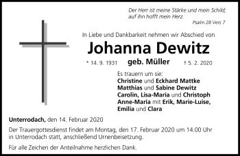 Traueranzeige von Johanna Dewitz von Neue Presse Coburg