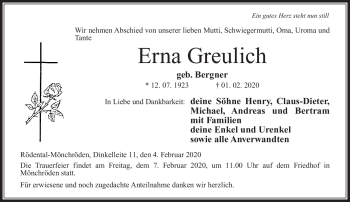 Traueranzeige von Erna Greulich von Neue Presse Coburg