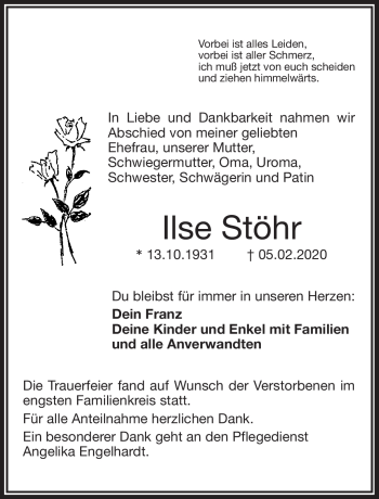 Traueranzeige von Ilse Stöhr von Frankenpost
