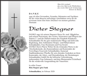 Traueranzeige von Dieter Stegner von Südthüringer Presse
