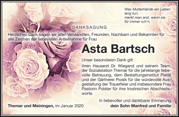 Traueranzeige von Asta Bartsch von Südthüringer Presse