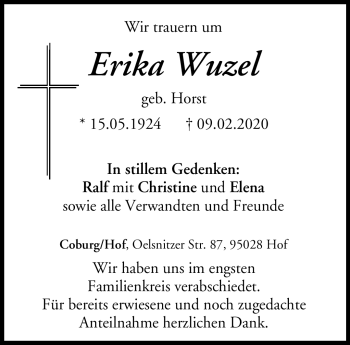 Traueranzeige von Erika Wuzel von Neue Presse Coburg