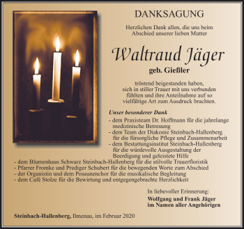 Traueranzeige von Waltraud Jäger von Südthüringer Presse