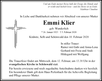 Traueranzeige von Emmi Klier von Frankenpost