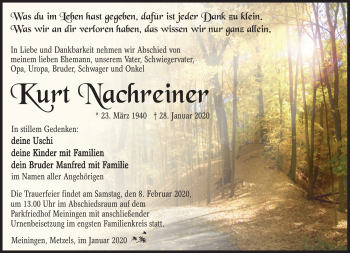 Traueranzeige von Kurt Nachreiner von Südthüringer Presse