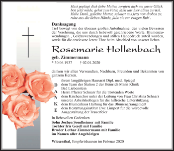 Traueranzeige von Rosemarie Hollenbach von Südthüringer Presse