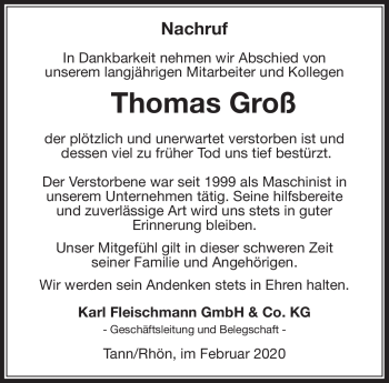 Traueranzeige von Thomas Groß von Südthüringer Presse