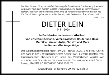 Traueranzeige von Dieter Lein von Frankenpost
